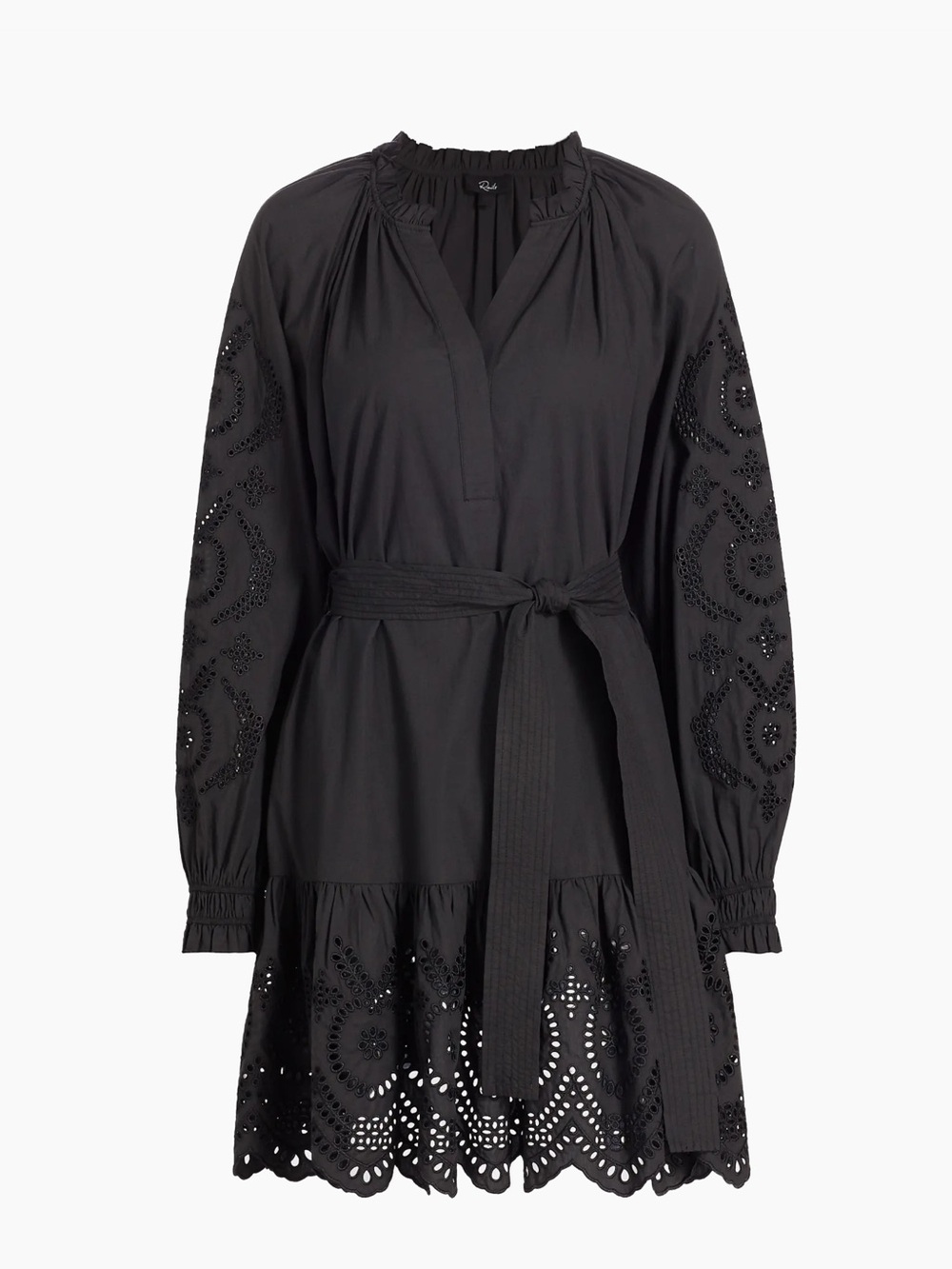 Rails Saylor Belted Eyelet Minidress ,Black Eyelet Belted Long-Sleeve Dress